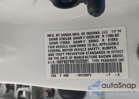 2015 Honda Civic Ex-L from USA, damaged, VIN 19XFB2F95FE022551